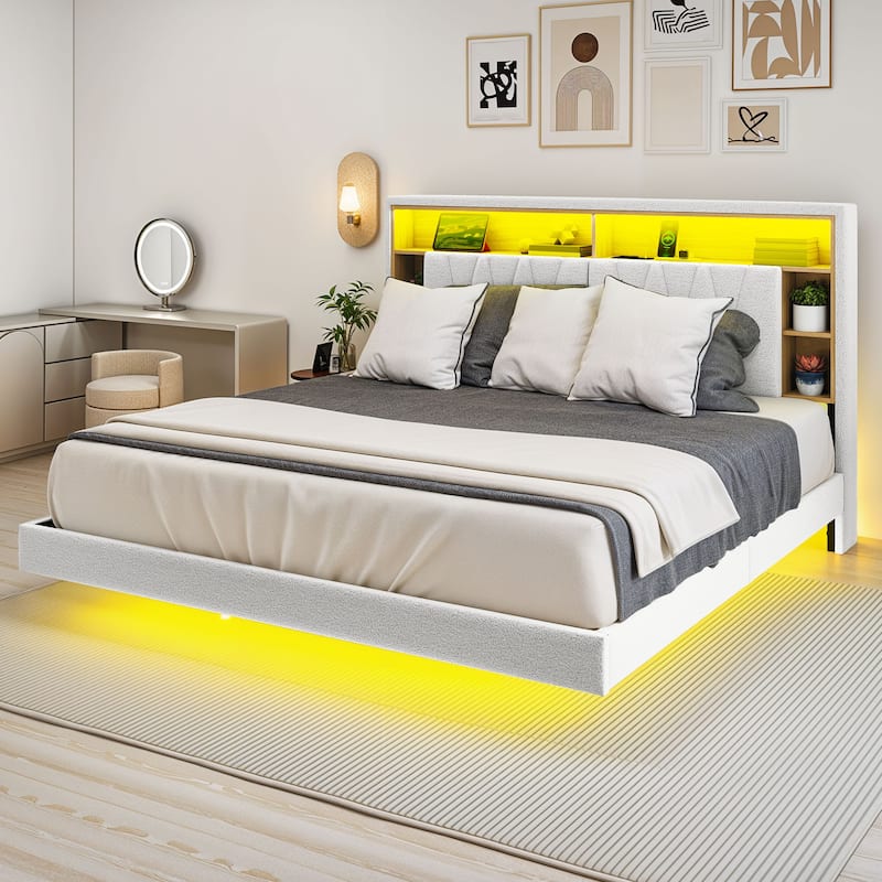 King Size Floating Bed Frame with Bookcase Storage Headboard and RGB LED Lights