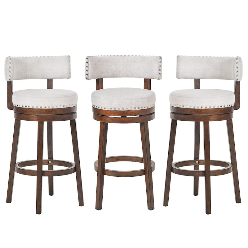 Modern Velvet Swivel Bar Stool - 25" or 30" Counter Height with Adjustable Footrest & Walnut Base, for Kitchen Islands - Set of 3 - Beige - Bar Height