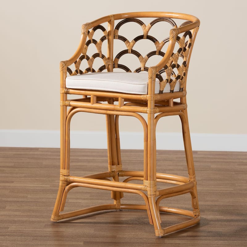 Veneto Modern Bohemian Light Honey and Dark Brown Rattan Bar Stool