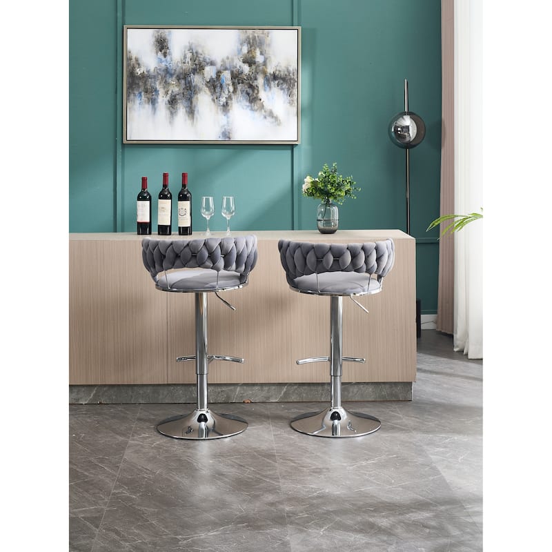 Set of 2 Adjustable Swivel Bar Stools, Grey Velvet with Chrome Footrest & Chrome Legs