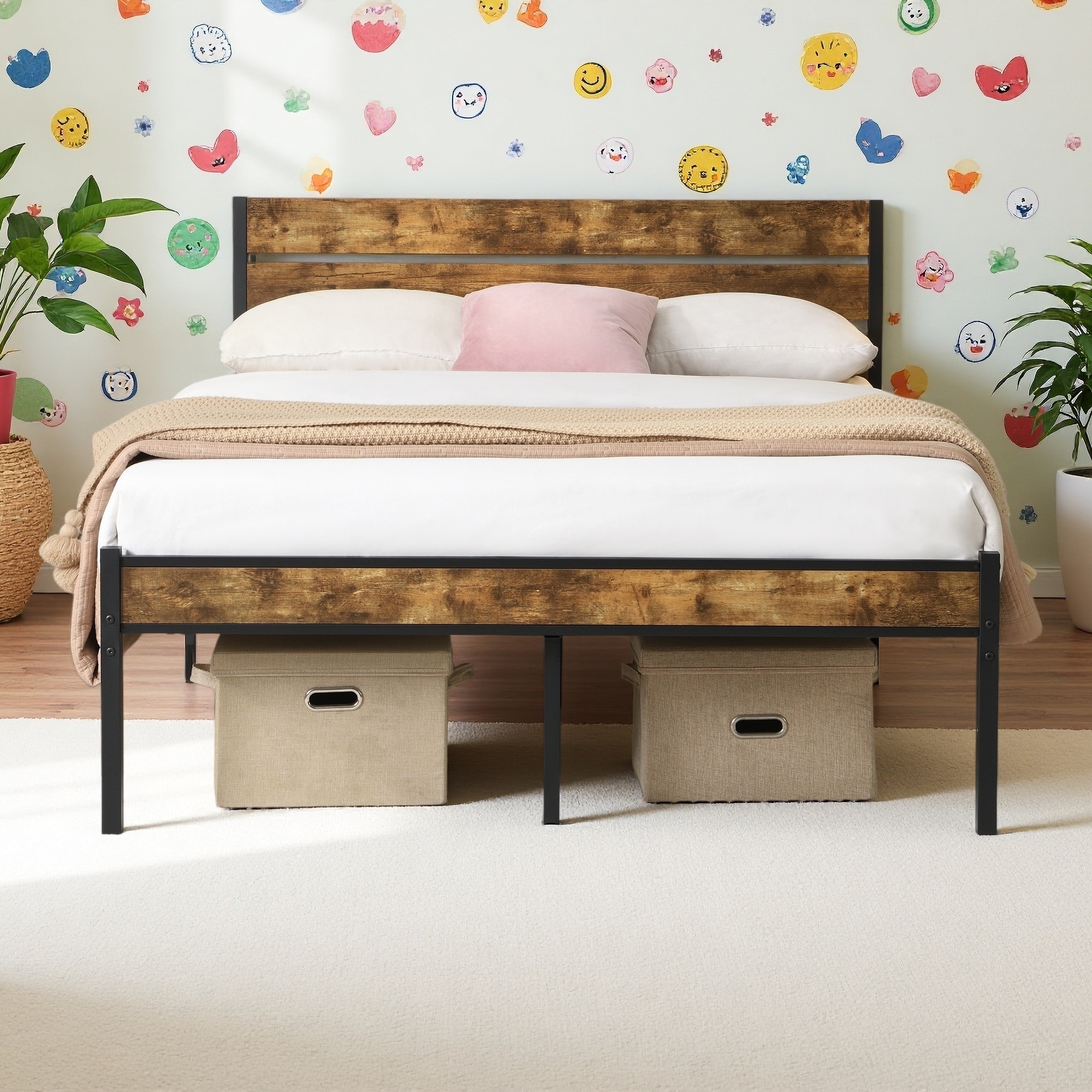 Metal Platform Bed Frame with Wood Headboard, and Under-Bed Storage