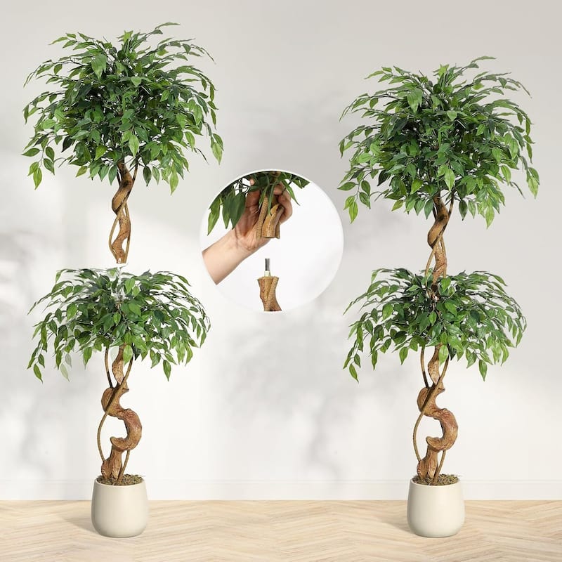 Artificial Faux Silk Ficus Tree with Curved Trunks for Indoor Home Decor