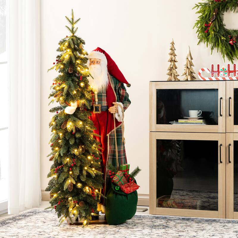 Glitzhome 4ft Oversized Woodland Santa with 5ft LED Lighted Green Artificial Christmas Tree