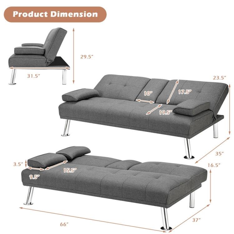 Convertible Folding Futon Sofa Bed Fabric with 2 Cup Holders - 66" x 31.5" x 29.5"