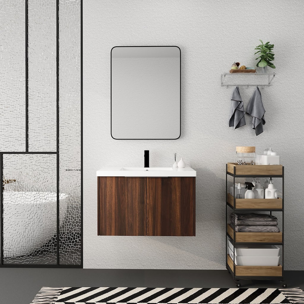 Wood Wall-Mounted Bathroom Vanity Set with Integrated Resin Sink