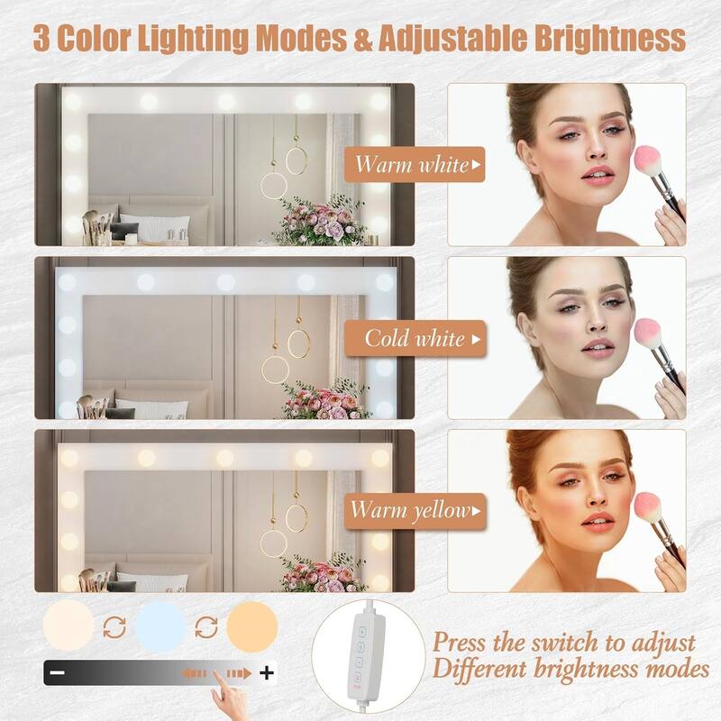 Vanity Desk with Lights, Makeup Vanity with Power Strip, Dressing Table with 7 Drawers