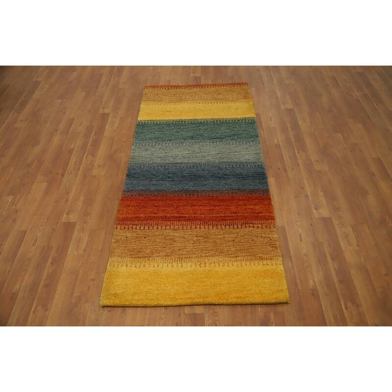 Hand Knotted Oriental 100% Wool Carpet Modern Stripe Multi-Colored Gabbeh Area Rug - 5' 10'' X 2' 9''
