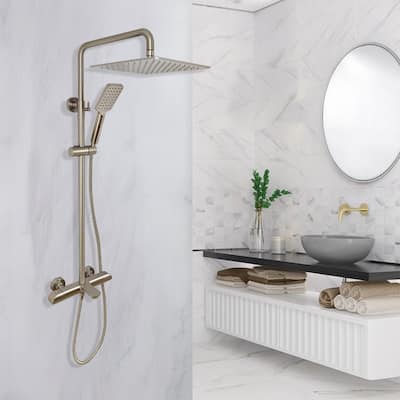 Zen, Thermostatic Exposed Shower Pipe System, Square 10"x10" Rain Shower Head, 3 Functions Hand Shower and Tub Spout, 2.5 Gpm.