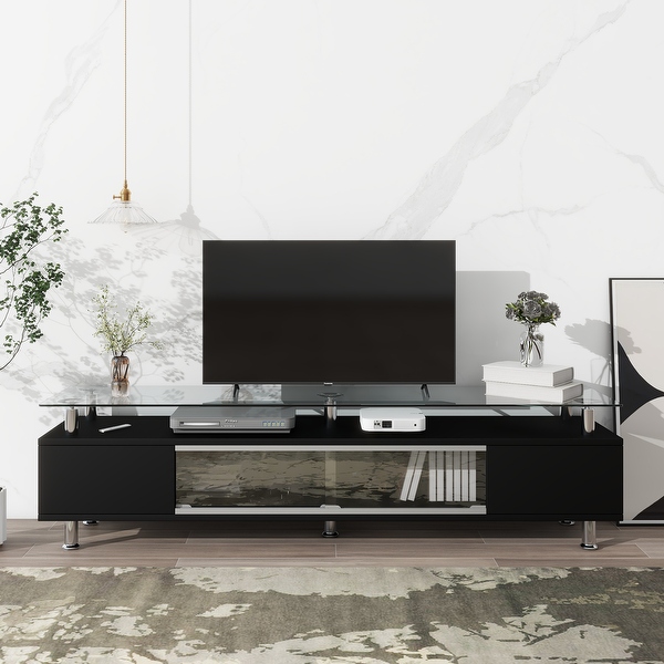 Black tv stand with sliding doors discount