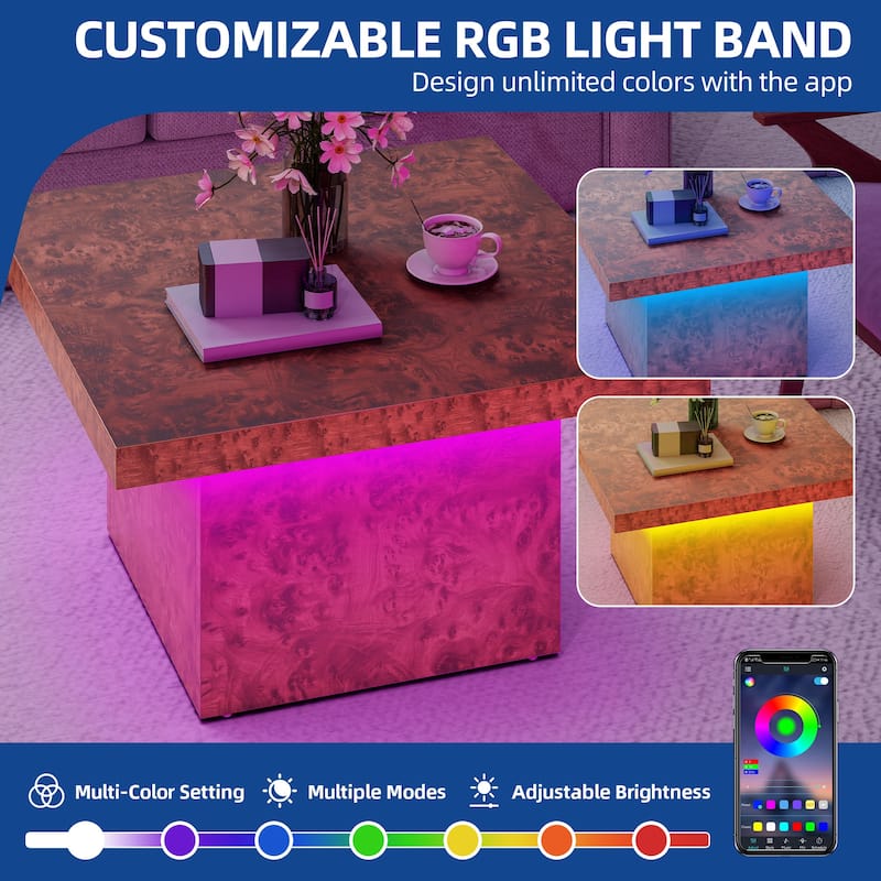 Moasis Modern Square Coffee Table with App-Controlled LED Lights