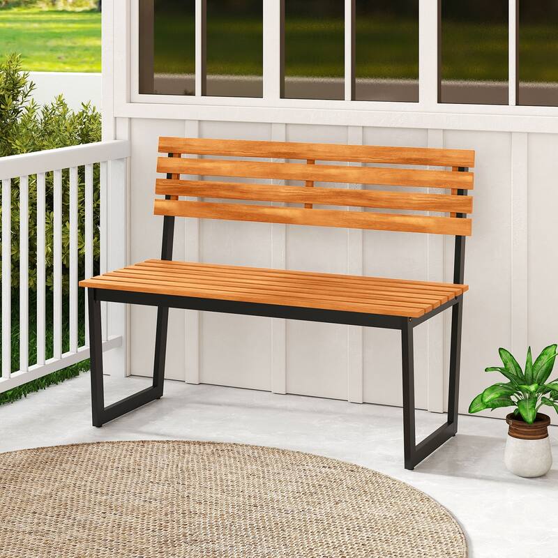 Gymax Outdoor Bench Acacia Wood Patio Loveseat w/ Backrest & Heavy
