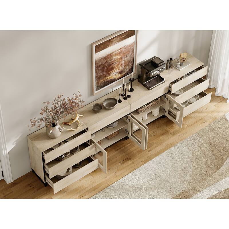 4 in 1 Sideboard with 8 Glass Doors & Drawers, Adjustable Shelf, Metal Base. Coffee Bar Storage for Living Room, Kitchen