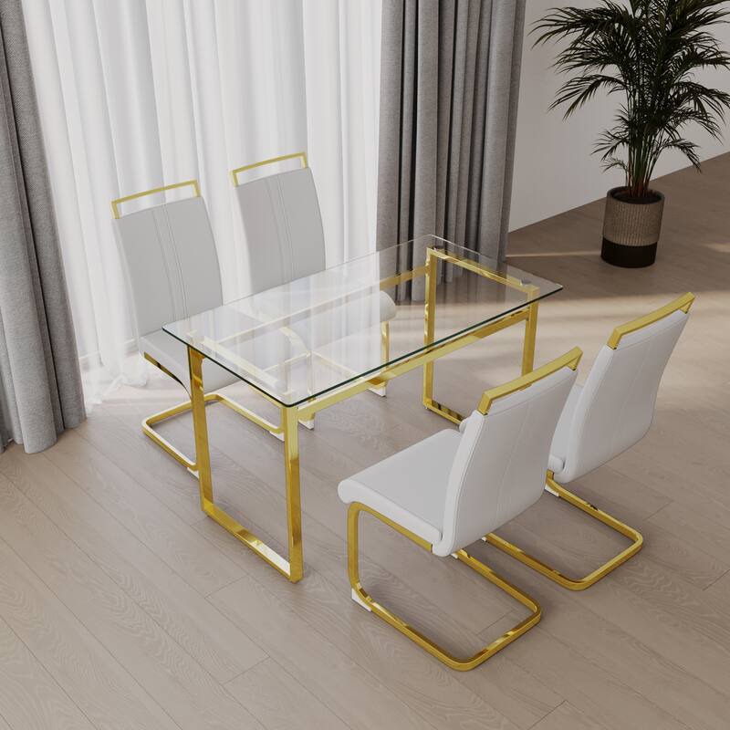 5-Piece Glass Dining Table Set with Gold Metal Legs and 4 PU Upholstered Chairs