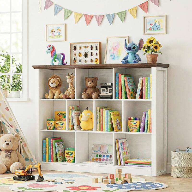 7/10 Cube Bookcase Organizer with Backpanel, 50" Wooden Storage Book Shelf for Living Room, Bedroom, Home Office, Kids Room