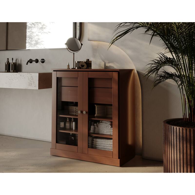 Palace Imports 100% Solid Wood 32" Bathroom Cabinet with Clear Glass Doors, 2-Drawers and Adjustable Shelves - Mocha