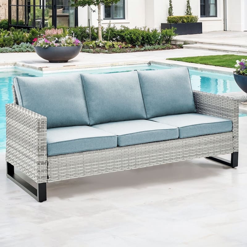 Gymojoy 3-Seat Outdoor Sofa, All-Weather PE Wicker - 1-Piece - Light Grey Wicker / Babyblue Cusion