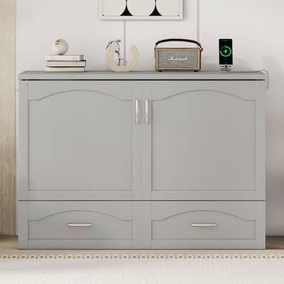 Full Size Murphy Bed Pulley Structure Wall Bed with Drawer, USB Socket