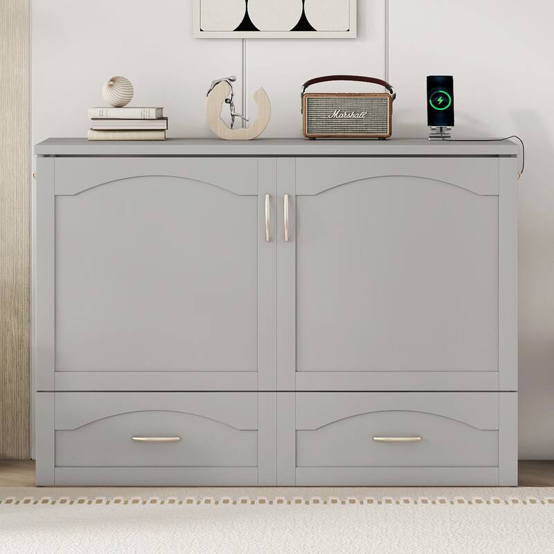 Space-Saving Full Size Murphy Bed with Drawers, USB Ports, and Pulley Design in Gray