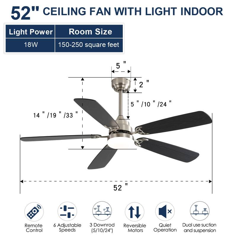 6 Speed Wind 5 Blades Ceiling Fan with Dimmable 3-Color LED Light Remote Control Reversible DC Motor