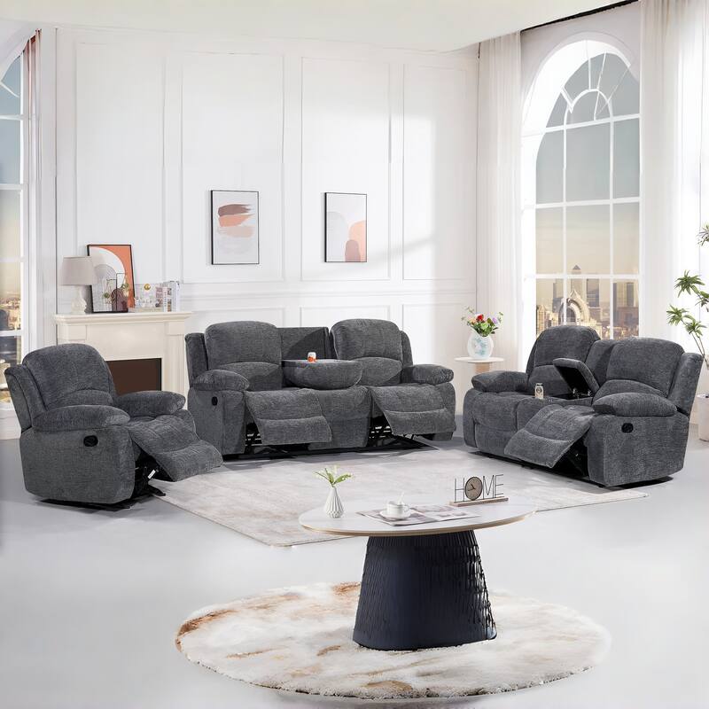 3PC Soft Microfiber Manual Reclining Sofa Set, Drop Down Table, Cupholder Console, Living Room Set - Charcoal