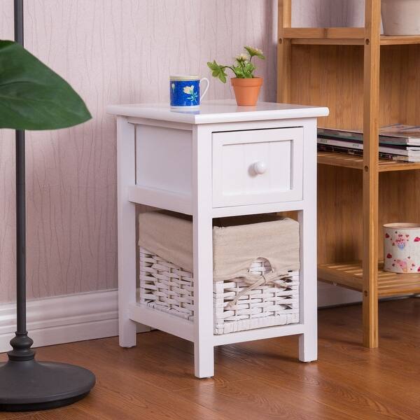 Shop 2 Tier 1 Drawer Bedside Organizer Wood Nightstand W Basket White Overstock 28423700