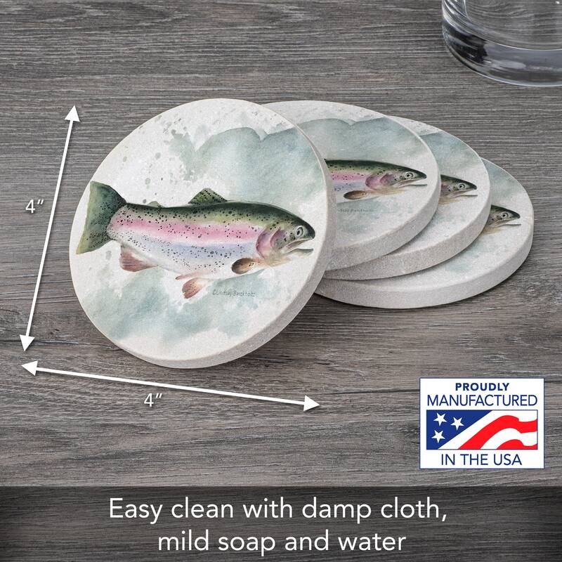 Rainbow Trout 4 Pack Round Natural Sandstone Coasters with Protective Cork Backing Manufactured in The USA
