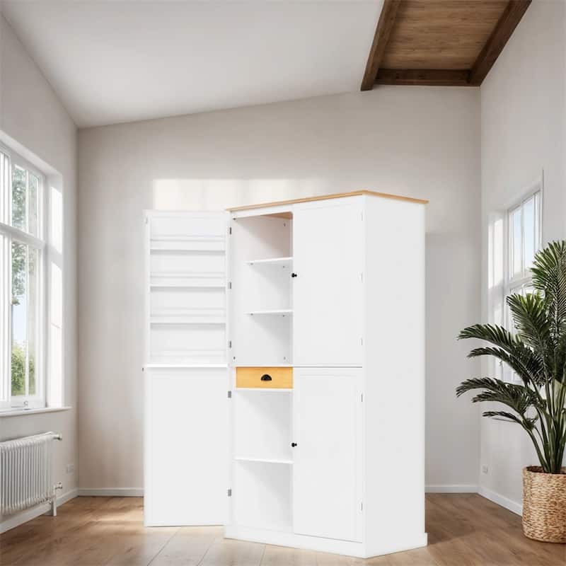 Freestanding Kitchen Pantry w/ Drawer, Adjustable Shelves,Door Shelves - White