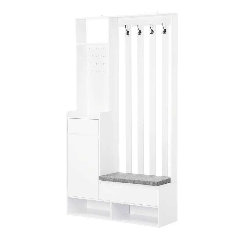 70.8"H Hall Tree with Cushioned Bench, Shoe Cabinet, Pegboard and 4 Hooks