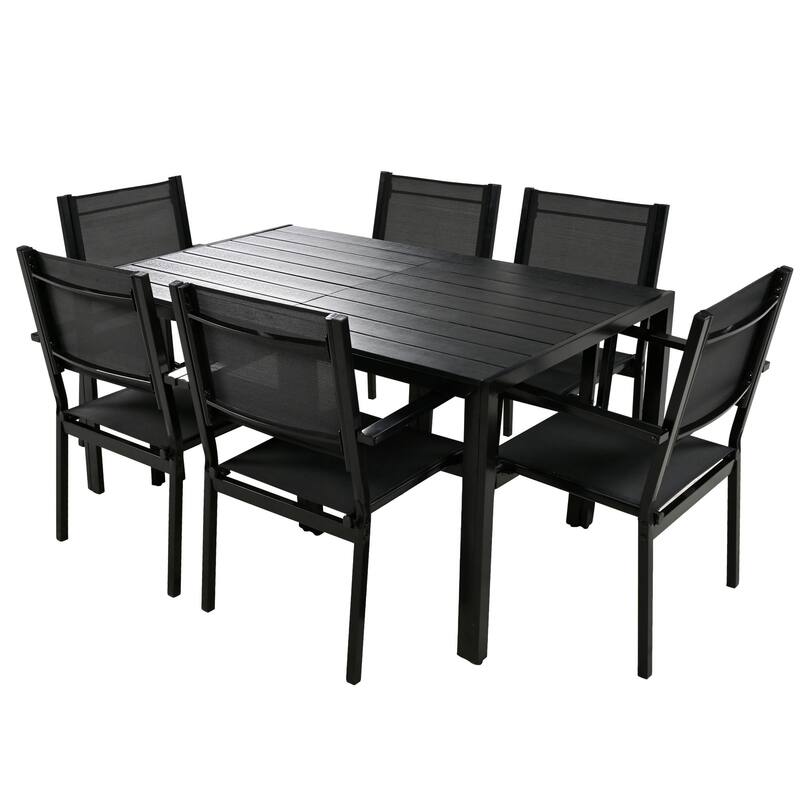 7 Pcs Outdoor Steel Dining Table and Chair Set, All Weather Patio Furniture Set with Rectangular Table and 6 Dining Chair