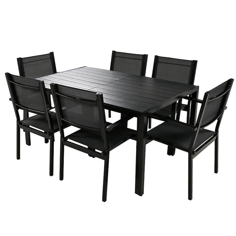 7-Piece Outdoor Patio Steel Dining Set with Rectangular Table and 6 Textile Armchairs