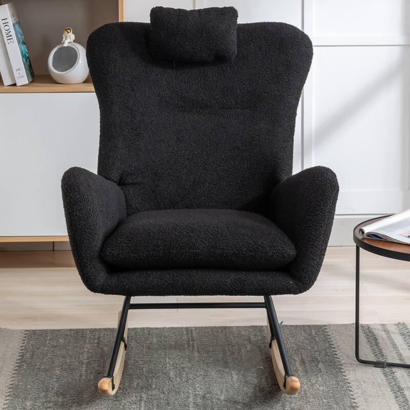 Teddy Fabric Wingback Rocking Chair for Nursery with Safe Solid Wood Base