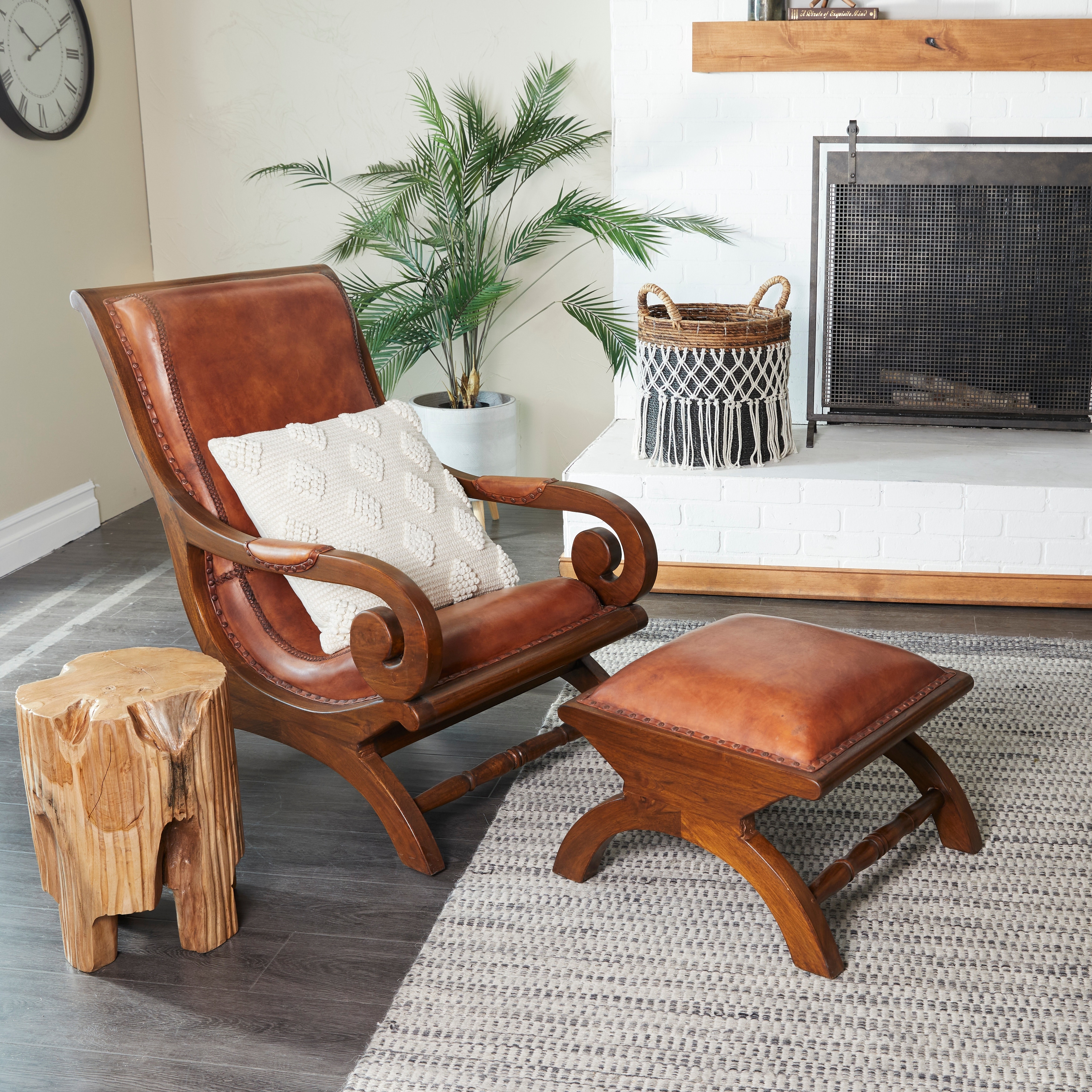 Studio 350 teak wood & brown leather shop chair with ottoman set