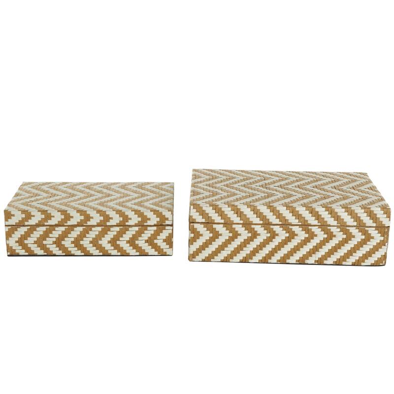 Paper Geometric Handmade Woven Zig Zag Storage Decorative Box with Cream Accents - Set of 2 Brown - Roche River Decor