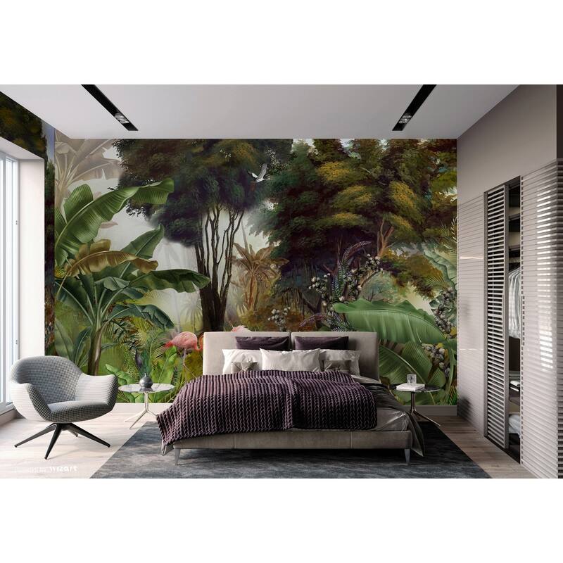 Exotic Jungle Mural Vibrant Flamingos and Tropical Foliage Design