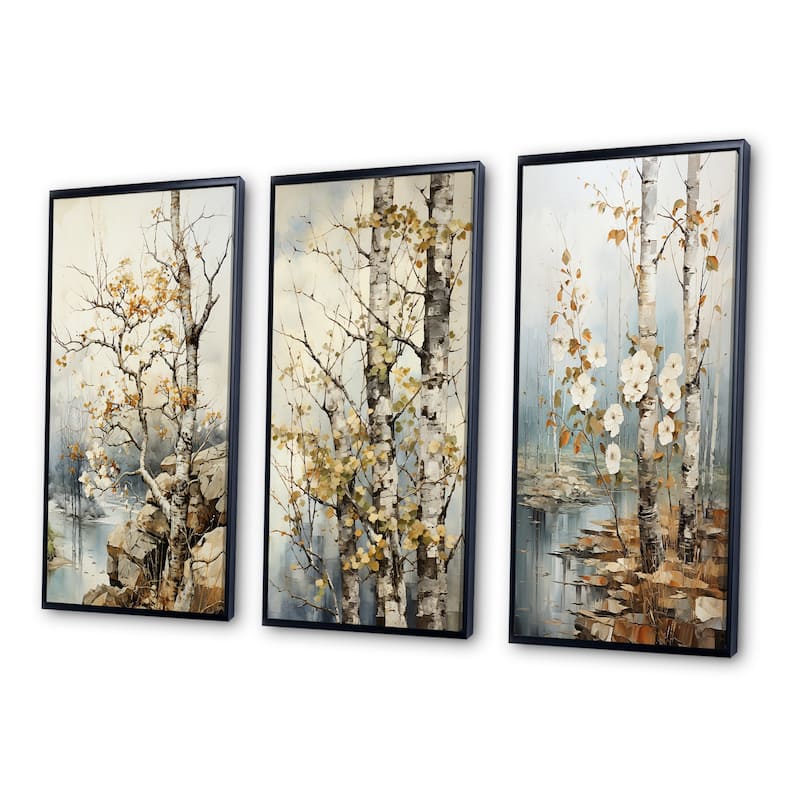 Designart "Beige Grey Tree Sycamore Symphony" Floral Framed Wall Art Set Of 3 Frame Canvas Set For Living Room Decor
