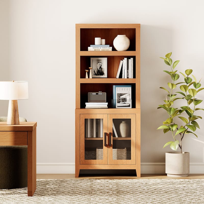 WAMPAT 3 Tier Bookshelf with Glass Door, 74" Tall Bookcase with Adjustable Shelf and Storage Cabinet, Farmhouse Wooden Bookshelf - 31-inch width - Mocha