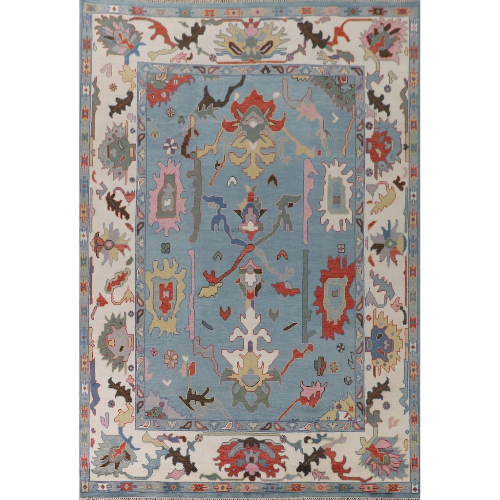 Light Blue Oushak Oriental Area Rug Hand-Knotted Wool Carpet - 9'1" x 11'10"