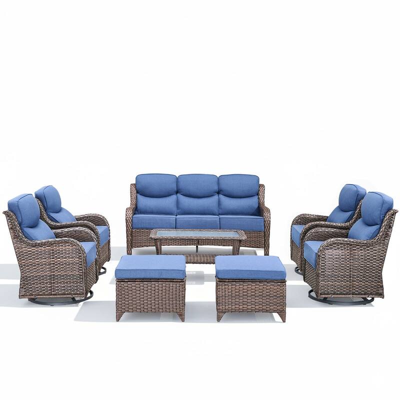 Arcadia 8-Piece Wicker Patio Conversation Set with Swivel Gliders and 6-Inch Thick Olefin Cushions