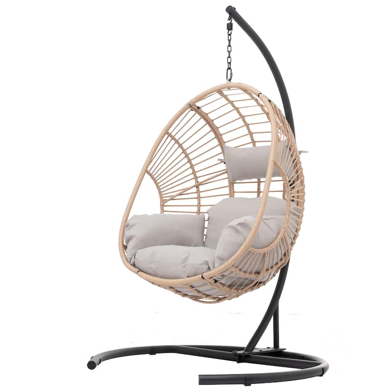 Wicker Swing Egg Chair - Indoor/Outdoor Hanging Chair with Beige Cushion and Stable Base (Handwoven PE Rattan Design)