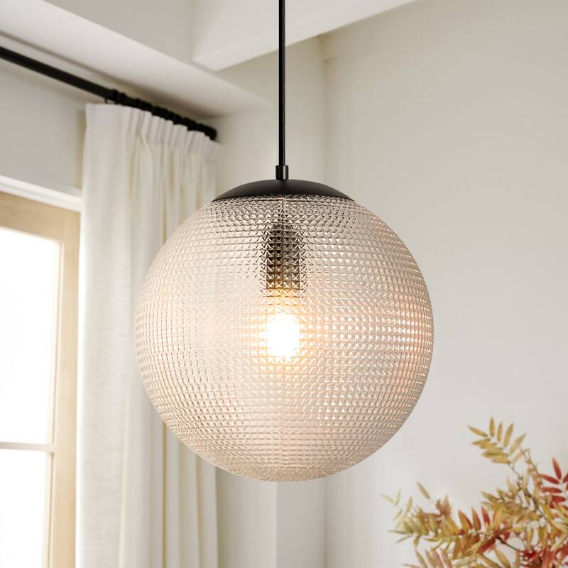1-Light Modern Indoor Matte Black Finish Kitchen Island Pendant Lights with Globe Diamond Textured Grey/Clear Glass Shade