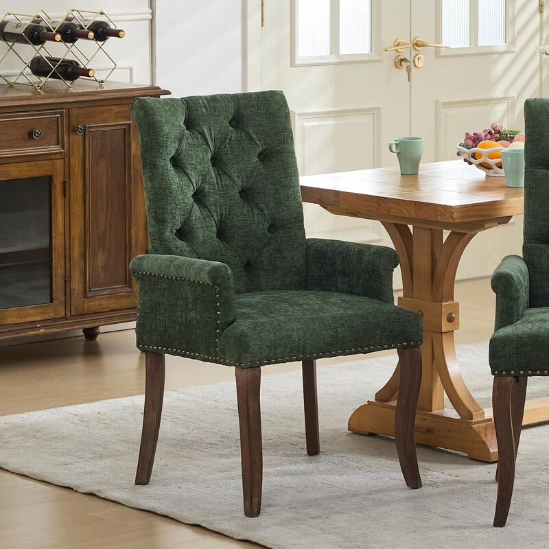 GDF Studio- Chenille Upholstered Dining Chair with Tufted Back & Curved Wood Legs, Single Pack