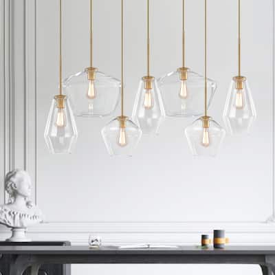 7-Light Cluster Geometric Glass Shade Kitchen Island Pendant - Brass
