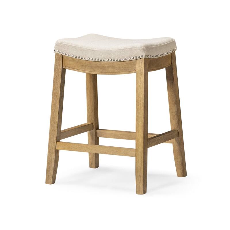 Maven Lane Sophia Saddle Kitchen Dining Stool - Aged Natural with Light Beige Upholstery - Counter Height