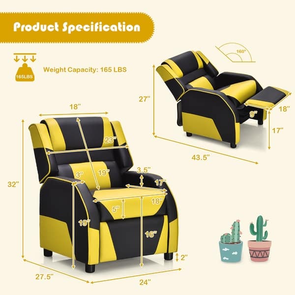 dimension image slide 0 of 4, Gymax Gaming Recliner Sofa PU Leather Armchair for Kids Youth w/