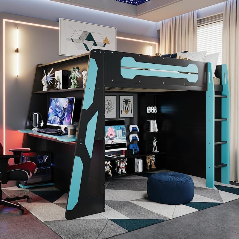 Full Loft Gaming Bed with Desk, RGB Light & Charging Station by Harper&Bright Designs - Blue