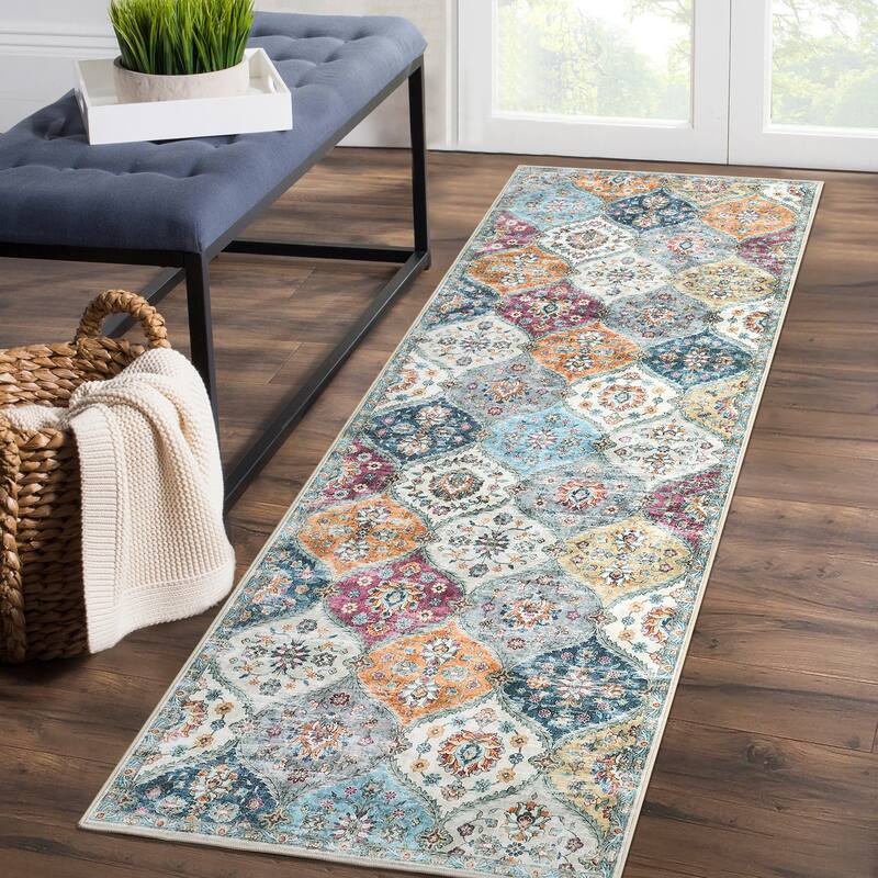 Rugs for Living Room Vintage Oriental Trellis Area Rug Soft Non Slip Low Pile Accent Rugs for Dining Room Office - 2'x8' - Yellow Purple