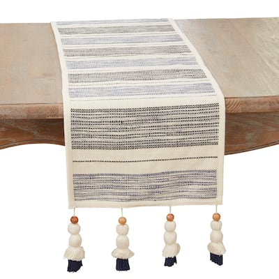 Wooden Beaded Tassel Stripe Table Runner - 13"x72"