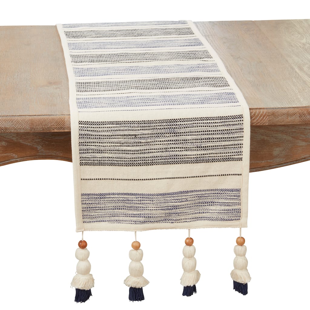 Wooden Beaded Tassel Stripe Table Runner - 13"x72"