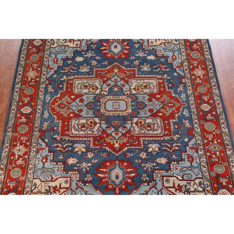 Geometric Blue Heriz Serapi Oriental Area Rug Hand-Knotted Wool Carpet - 9'0" x 12'0"