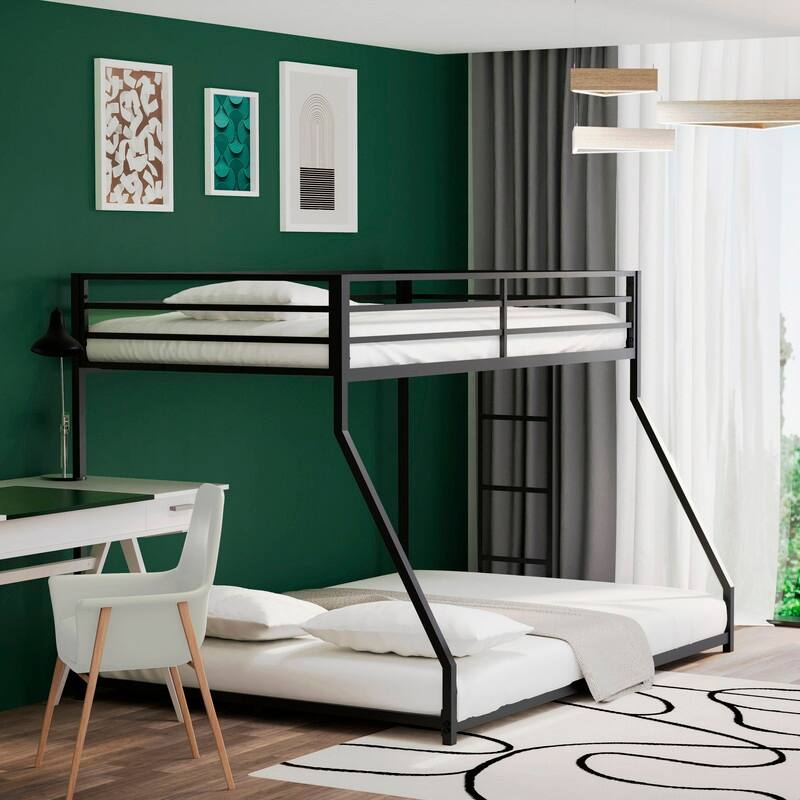 Twin over Full Metal Bunk Bed with Ladders and Full-Length Guardrails - Black